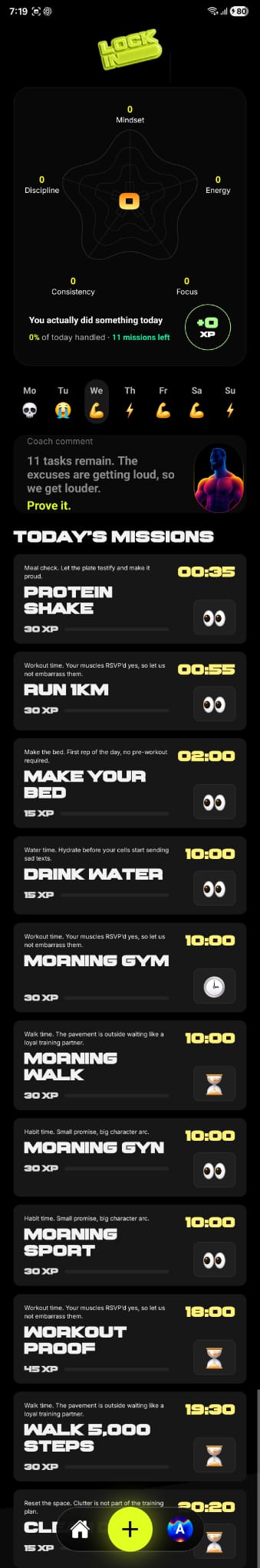 Lock In app showing personal stats, a coach comment, and today's missions